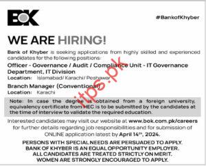 Bank of khyber BOK Jobs 2024 for Branch Manager, Officer-Governance