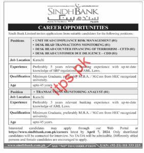 Sindh Bank Limited Career Opportunites