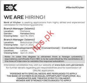 Bank of Khyber BOK Jobs 2024 for Branch Manager