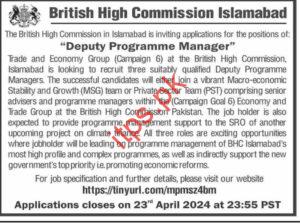 British High Commission Islamabad Jobs 2024 for Deputy Program Manager