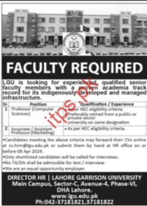 Lahore Garrison University LGU Jobs 2024