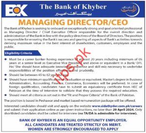 Manging Director-CEO Jobs in Bank of Khyber