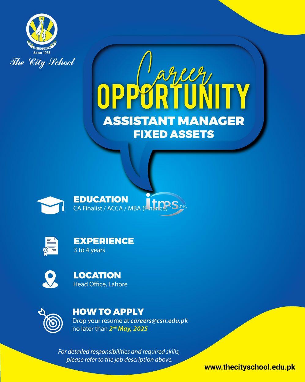 Assistant Manager Fixed Assets Jobs 2025 in The City School
