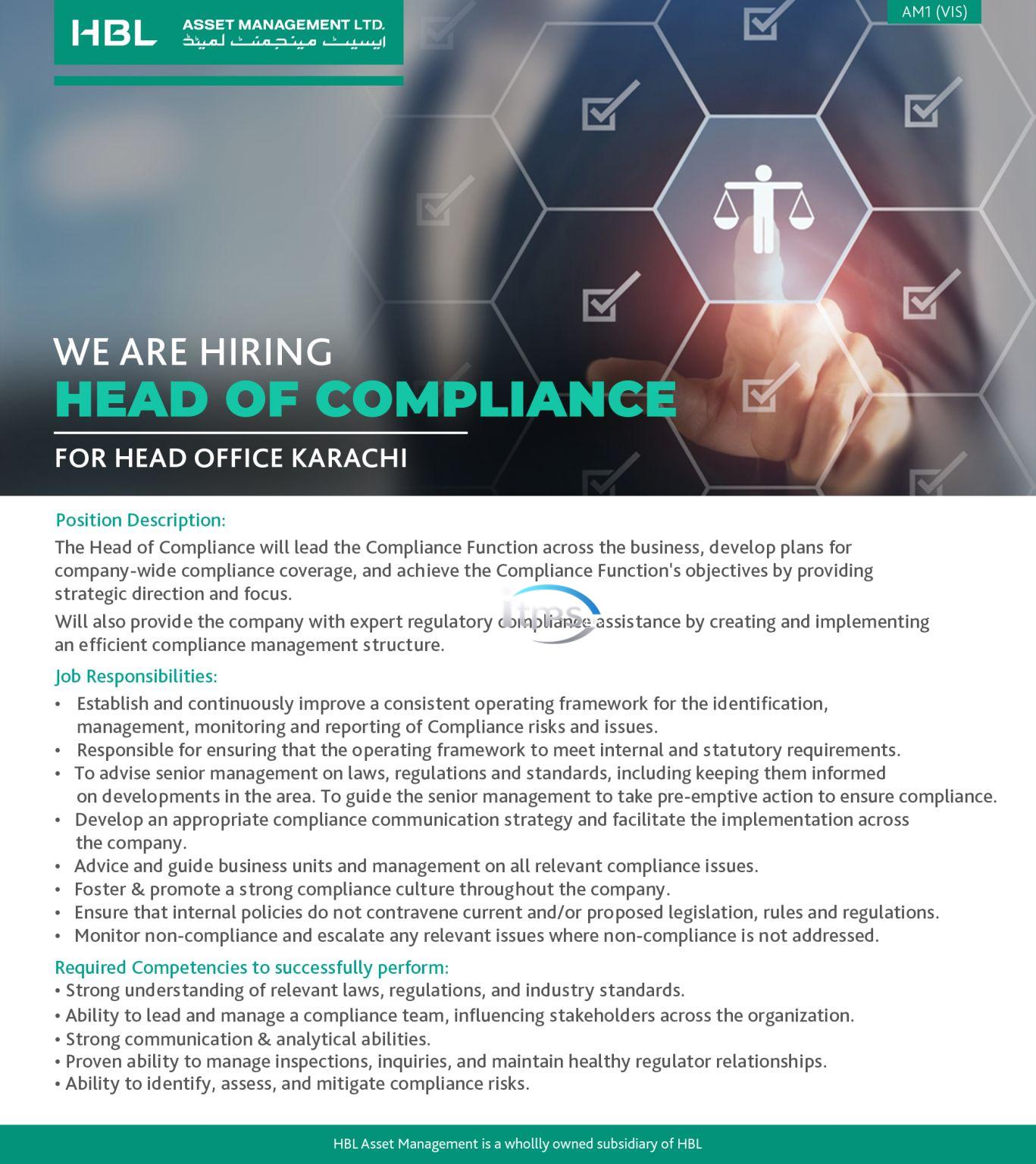 HBL Asset Managment Jobs for Head of Compliance