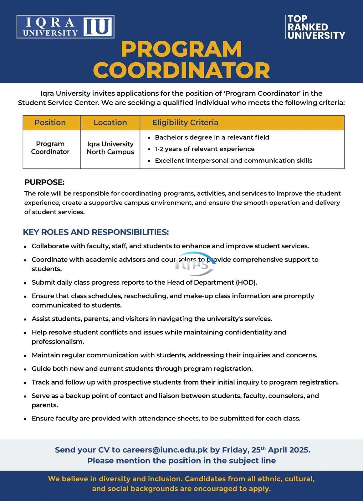 Iqra University Islamabad Jobs 2025 for Program Coordinator