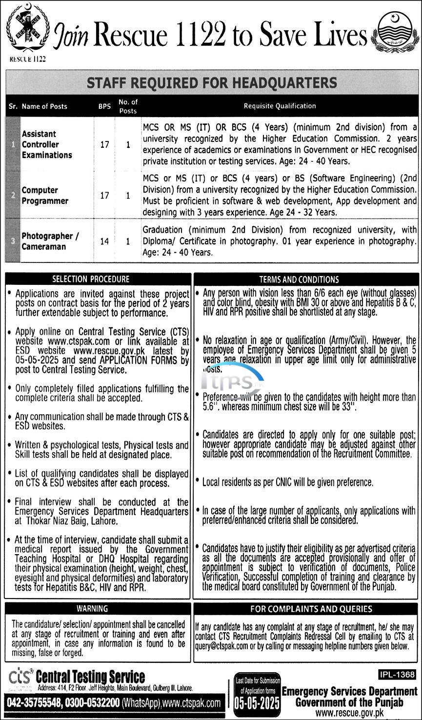 Join Rescue 1122 to Save Lives for Assistant Controller Examination, Computer Programmer, Photographer
