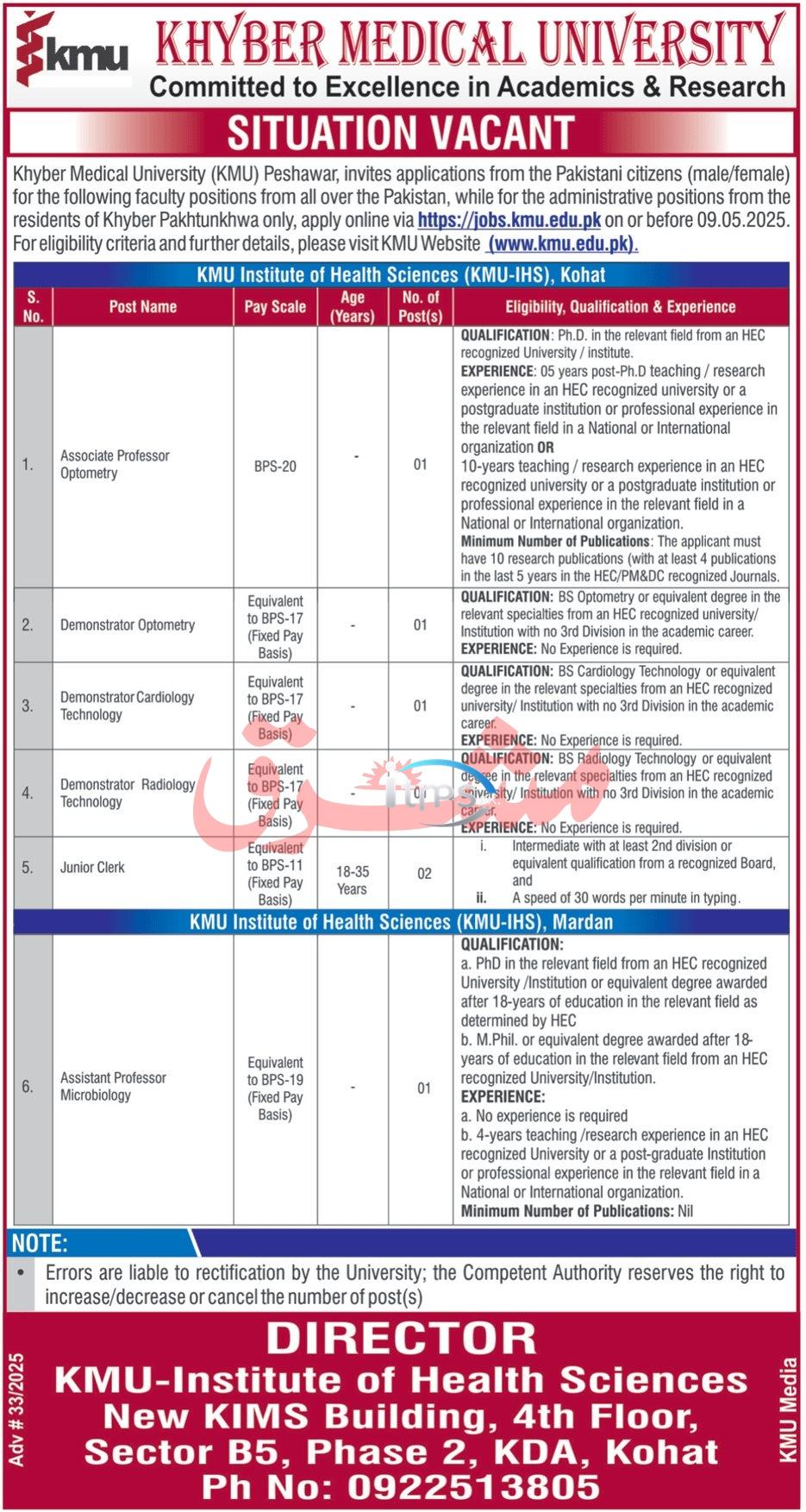 Khyber Medical University KMU Jobs 2025 Latest Jobs Asvertisement 2025
