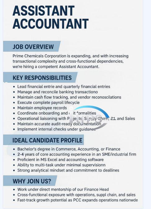 Prime Chemicals Corporation Jobs 2025 for Assistant Accountant