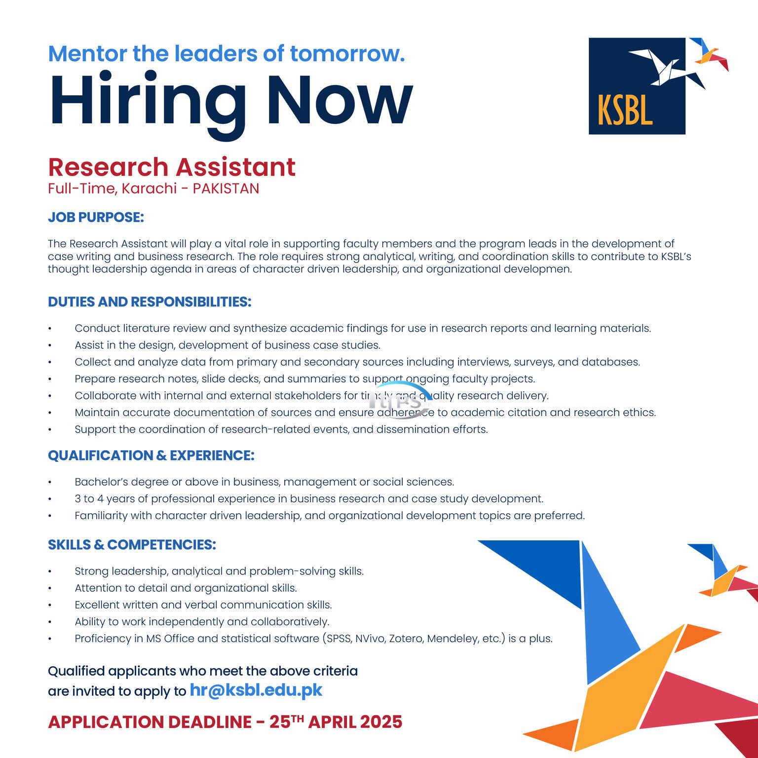 Research Assistant Jobs in KSBL