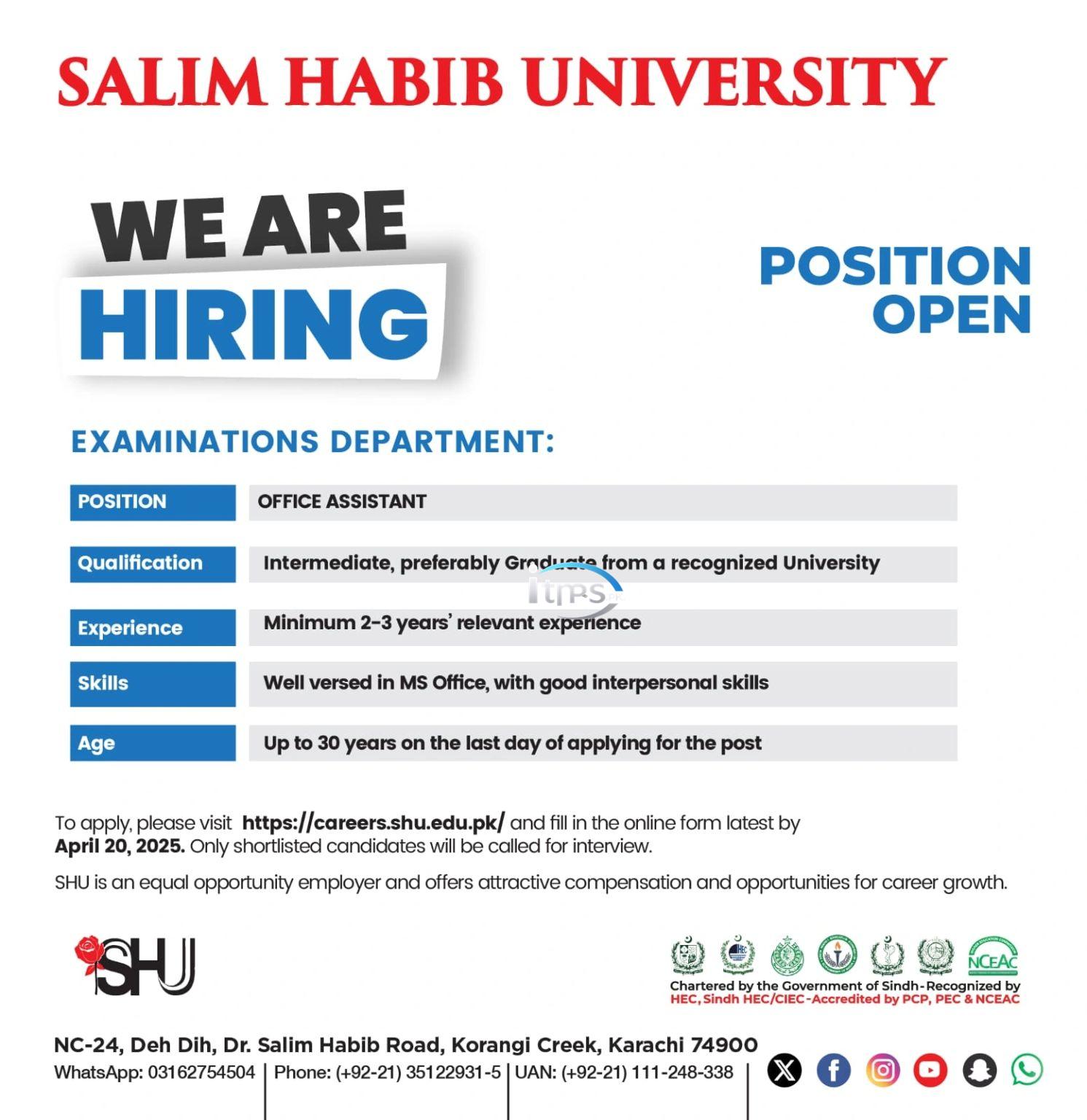 Salim Habib University SHU Jobs 2025