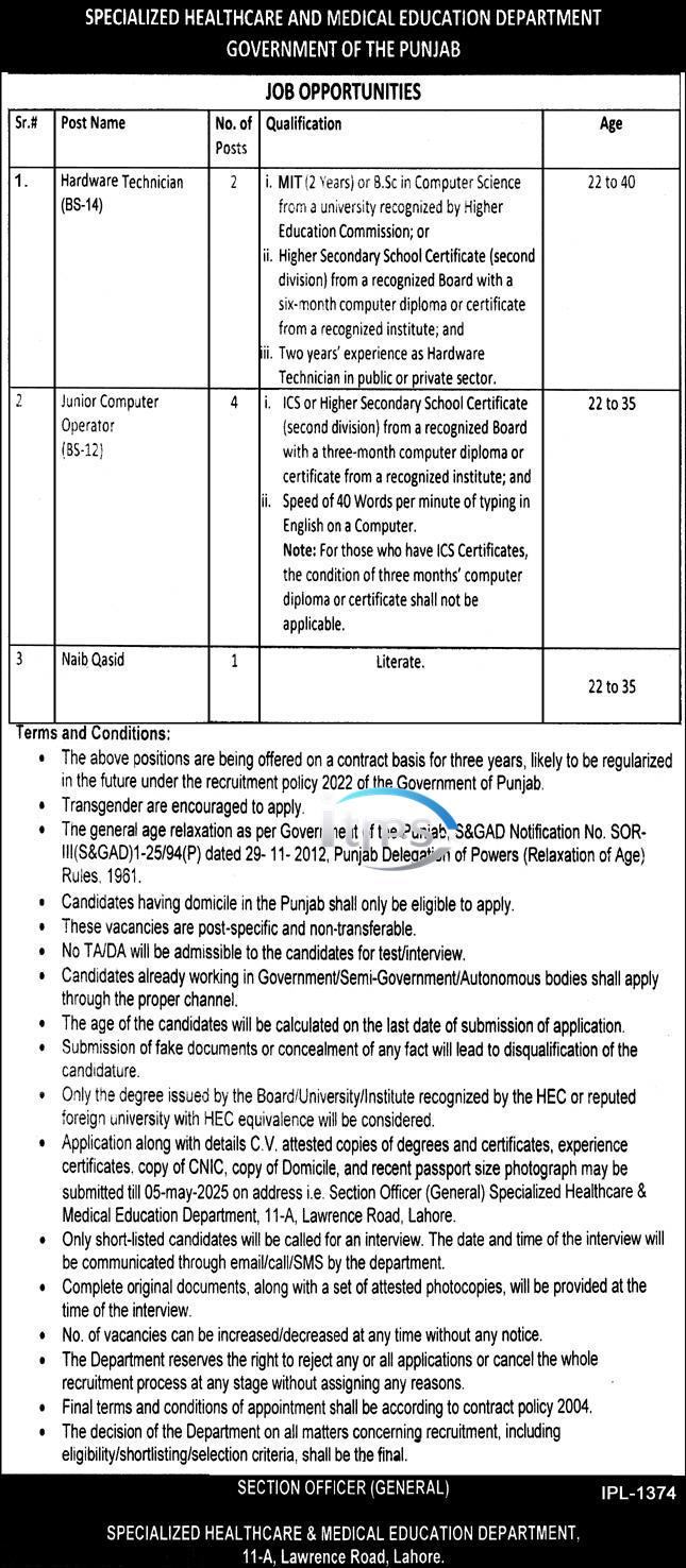 Specialized Healthcare & Medical Education Department Jobs 2025 Punjab Jobs