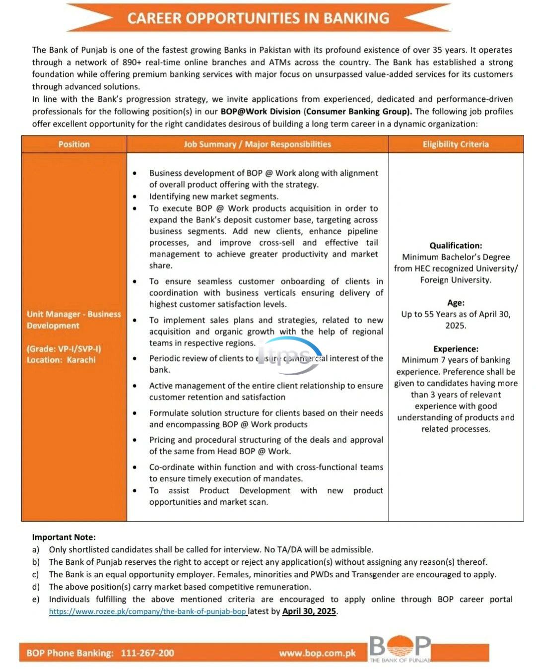 The Bank of Punjab BOP Jobs 2025 for Unit Manager Business Development