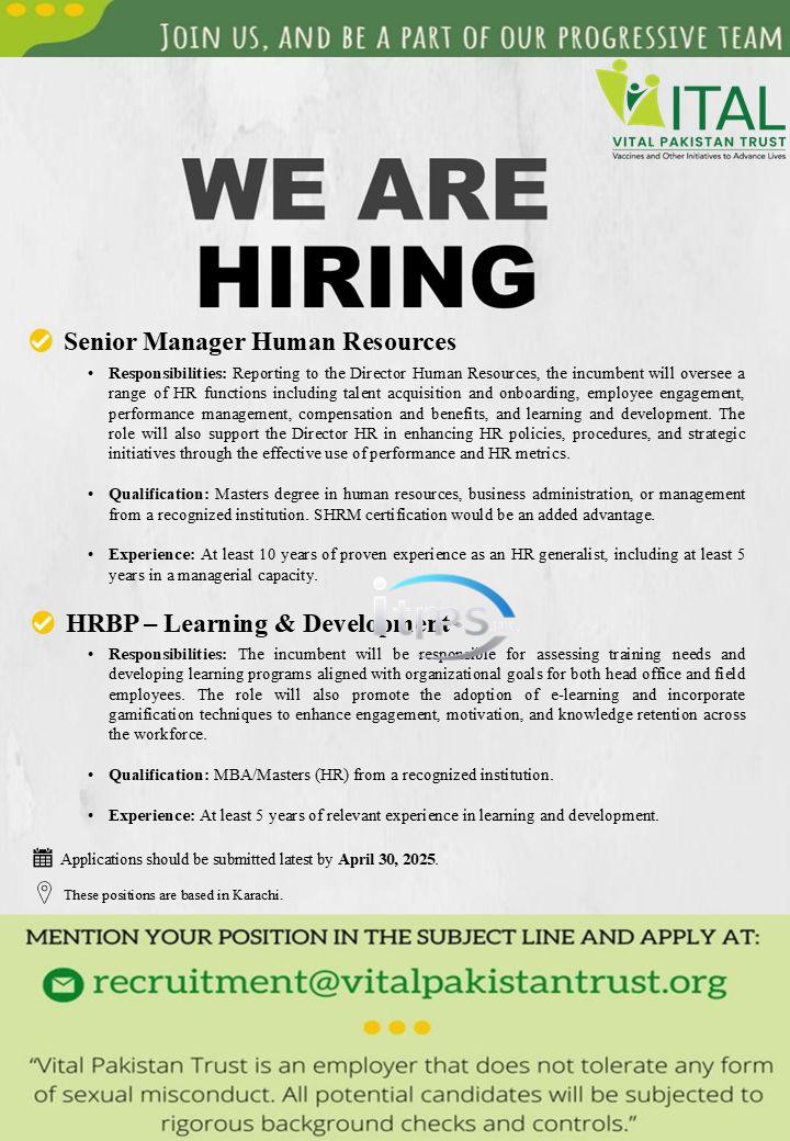 Vital Pakistan Jobs 2025 for Senior Manager Human Resources, HRBP Learning & Development