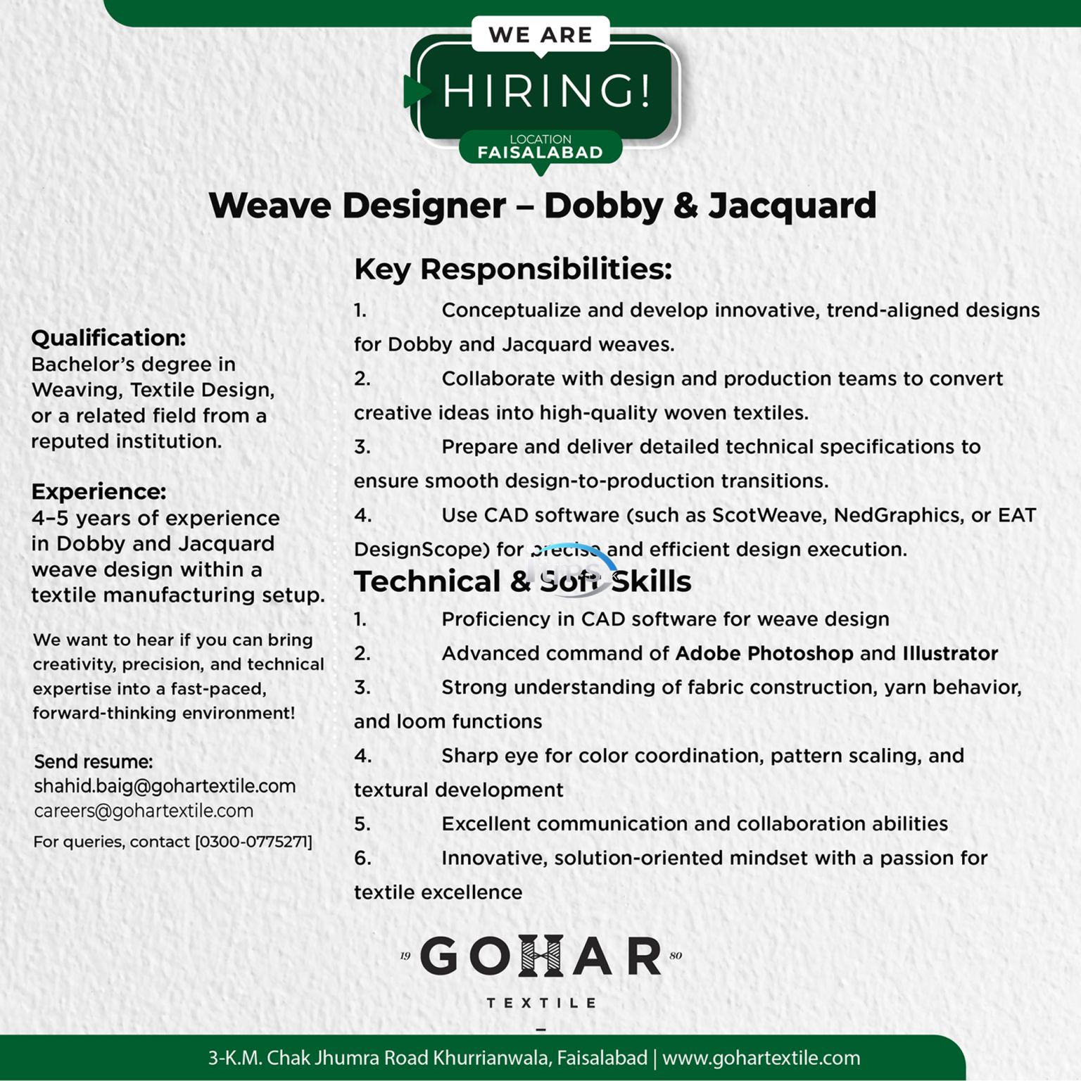 Weave Desinger Jobs 2025 in Gohar Textile